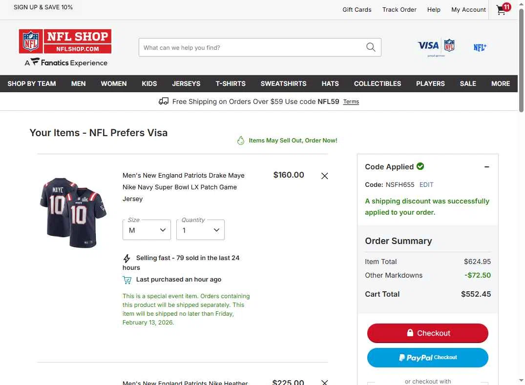 Houston Texans checkout page showing Houston Texans promo code box | Screenshot taken by SimplyCodes community member on Feb 8, 2026