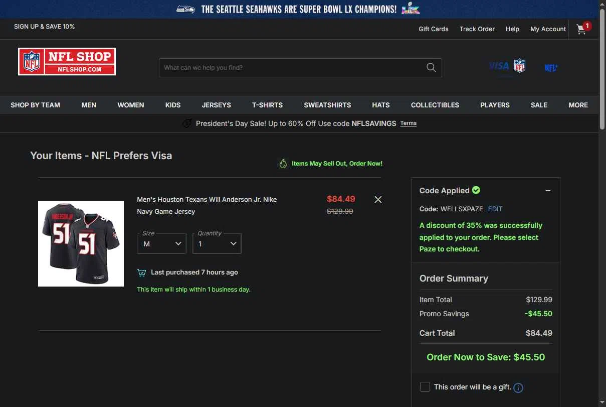 Houston Texans checkout page showing Houston Texans promo code box | Screenshot taken by SimplyCodes community member on Feb 14, 2026