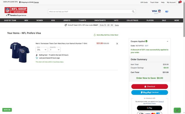 Houston Texans checkout page showing Houston Texans promo code box | Screenshot taken by SimplyCodes community member on Sep 6, 2025