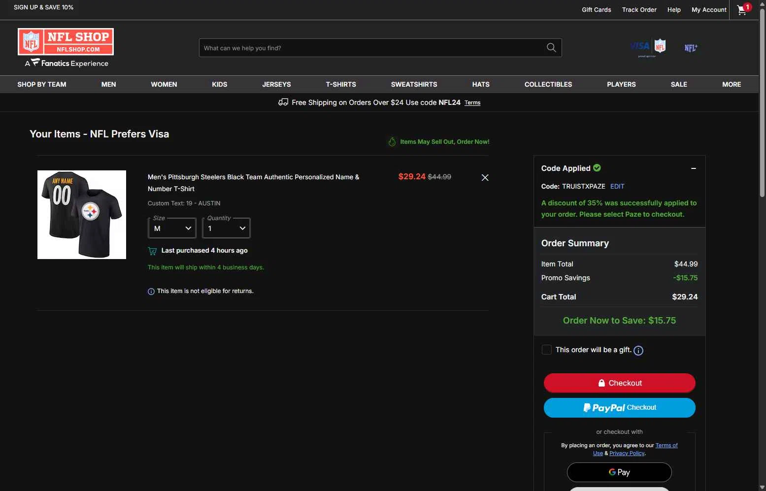 Houston Texans checkout page showing Houston Texans promo code box | Screenshot taken by SimplyCodes community member on Jan 8, 2026