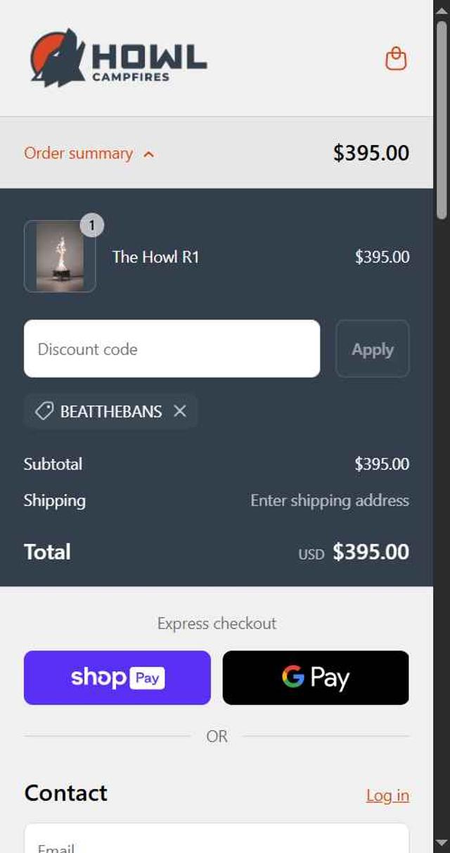 Howl Campfires checkout page showing Howl Campfires discount code box | Screenshot taken by SimplyCodes community member on Jun 17, 2025