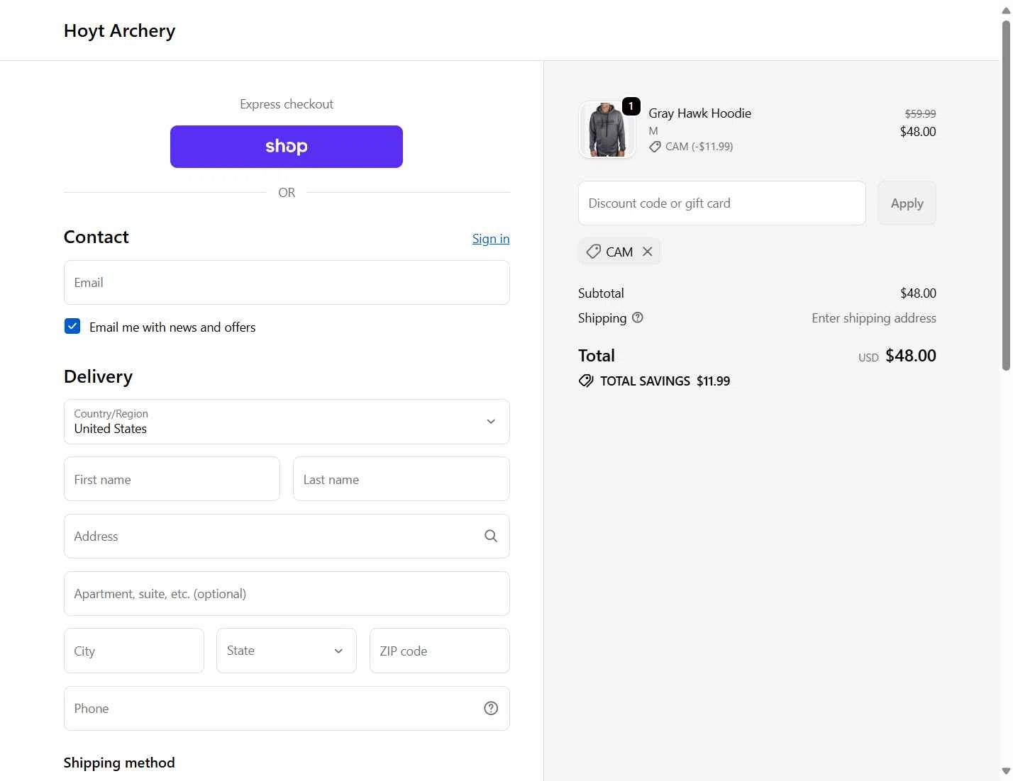 Hoyt checkout page showing Hoyt discount code box | Screenshot taken by SimplyCodes community member on Oct 19, 2025