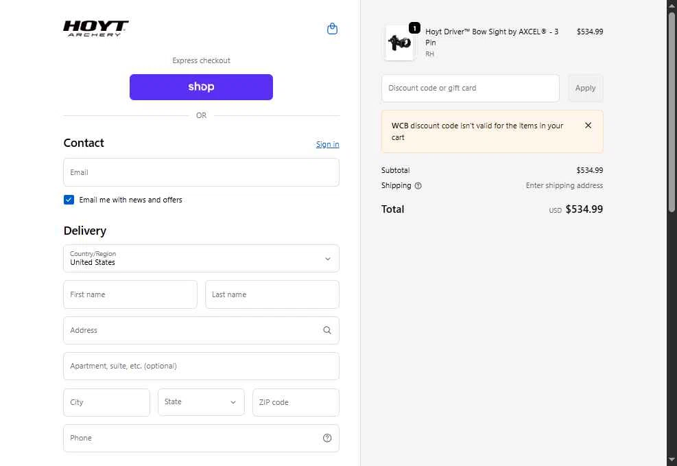 Hoyt checkout page showing Hoyt discount code box | Screenshot taken by SimplyCodes community member on Jan 22, 2026