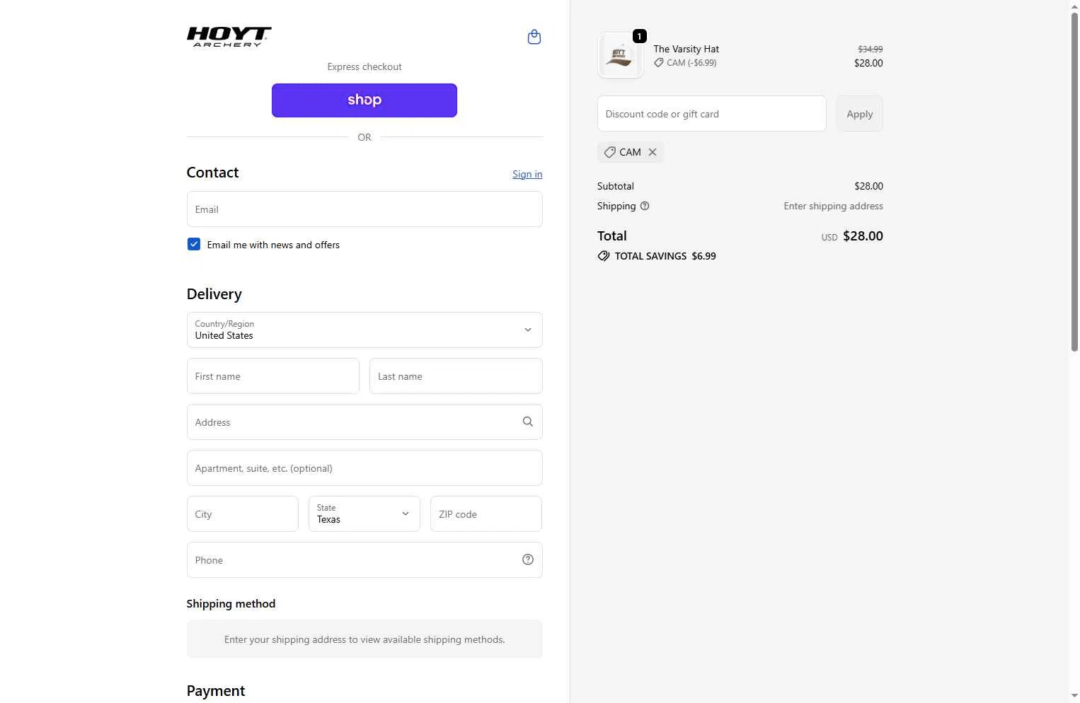 Hoyt checkout page showing Hoyt discount code box | Screenshot taken by SimplyCodes community member on Dec 16, 2025