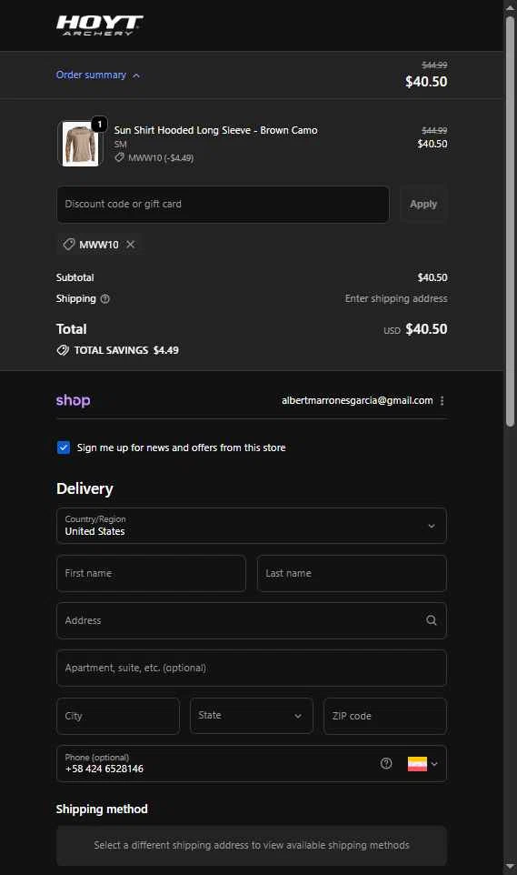 Hoyt checkout page showing Hoyt discount code box | Screenshot taken by SimplyCodes community member on Dec 8, 2025