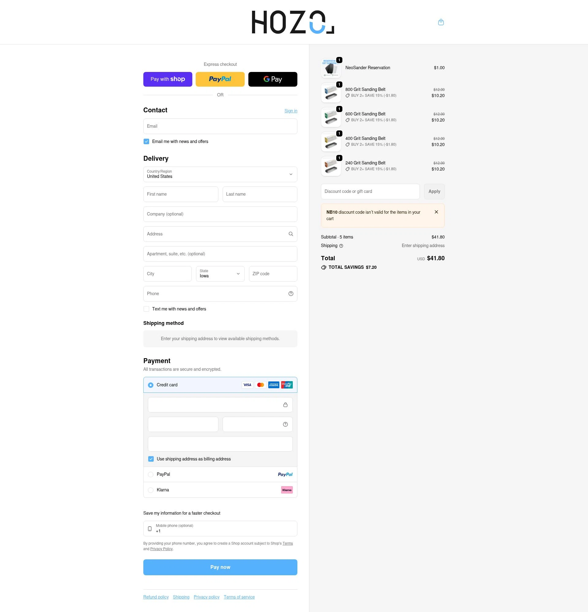 HOZO Design checkout page showing HOZO Design promo code box | Screenshot taken by SimplyCodes community member on Jan 10, 2026