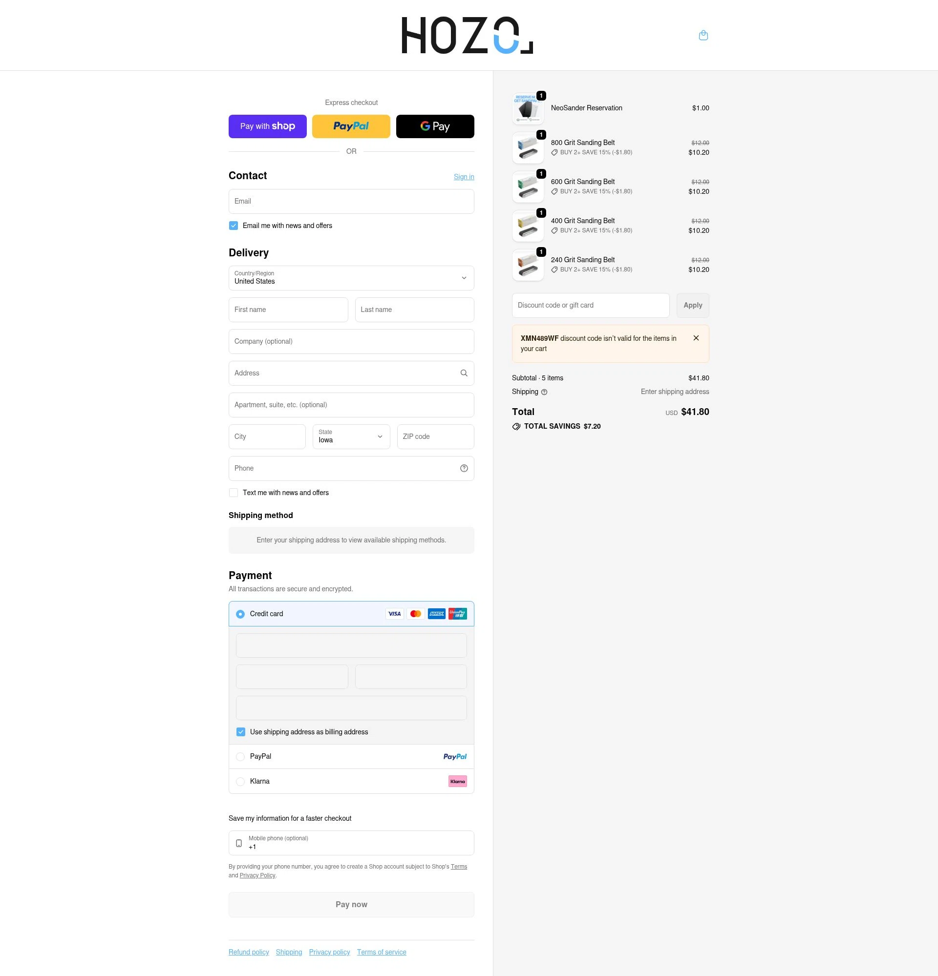 HOZO Design checkout page showing HOZO Design promo code box | Screenshot taken by SimplyCodes community member on Jan 10, 2026