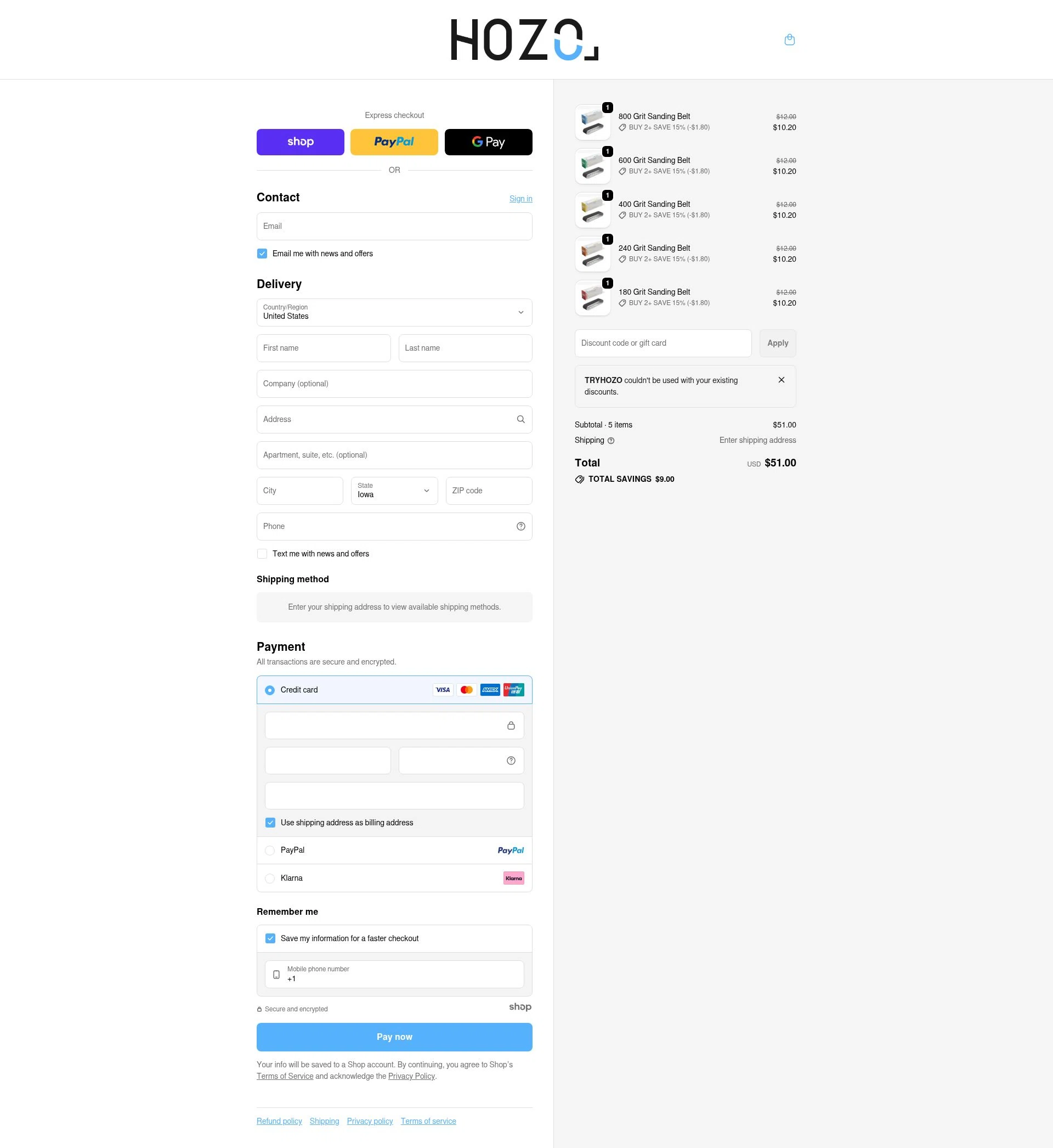 HOZO Design checkout page showing HOZO Design promo code box | Screenshot taken by SimplyCodes community member on Jan 5, 2026