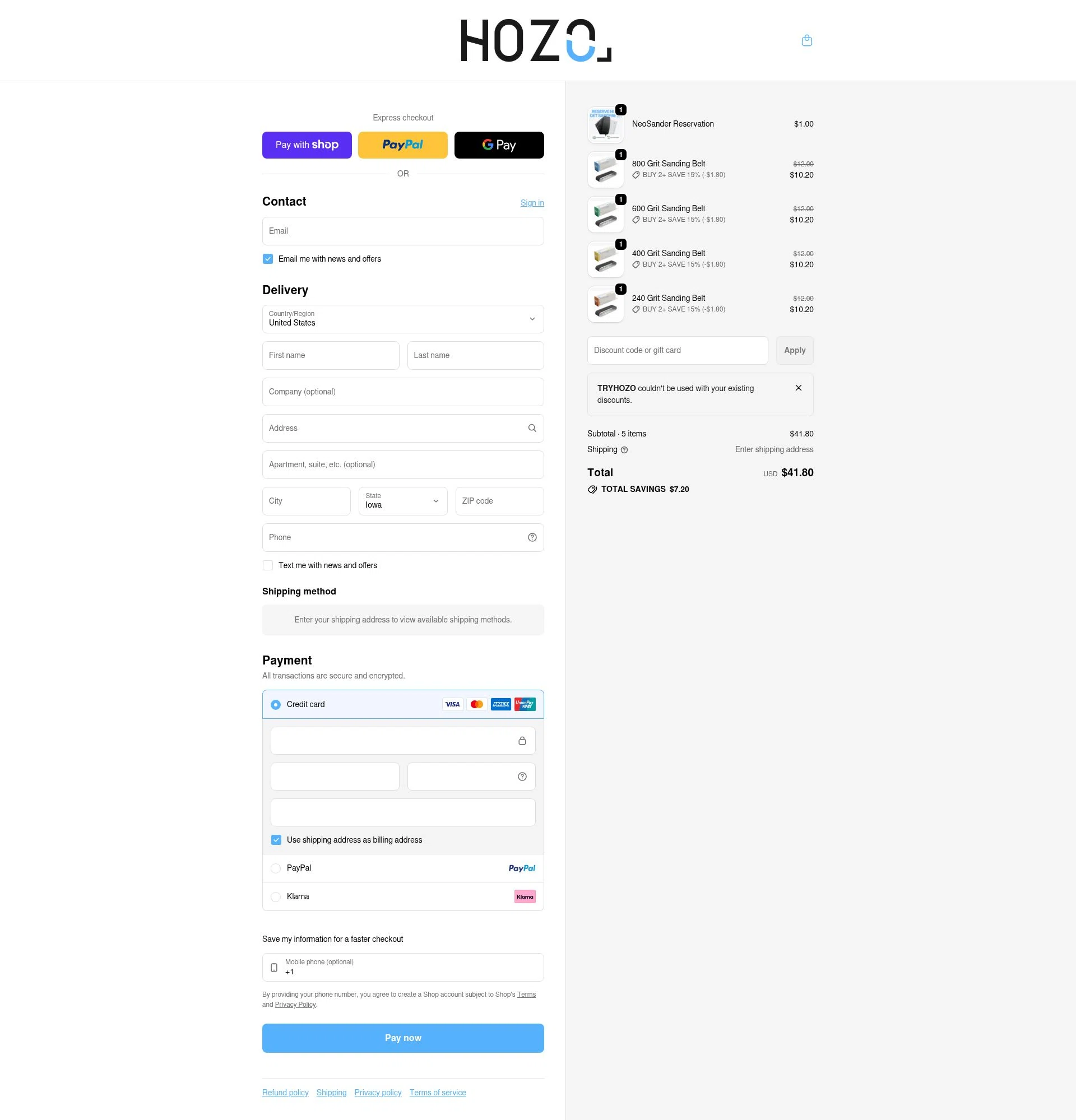 HOZO Design checkout page showing HOZO Design promo code box | Screenshot taken by SimplyCodes community member on Jan 10, 2026
