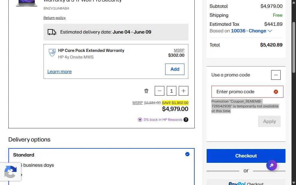 Verification screenshot for $150 Off Select Business Pcs (members Only) at HP - 43d ago