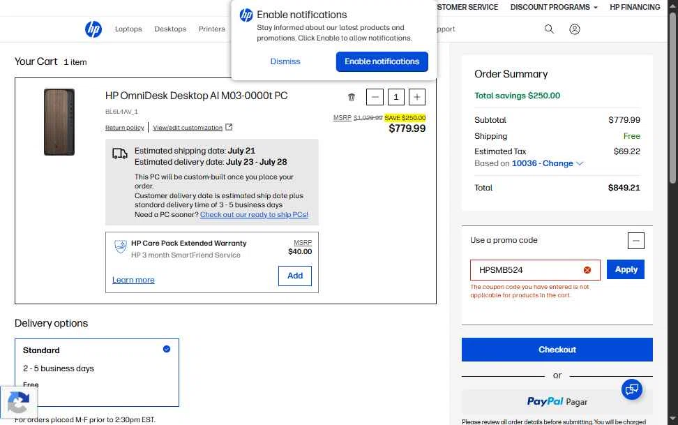 Verification screenshot for 5% Off Business Pcs at HP - 1d ago