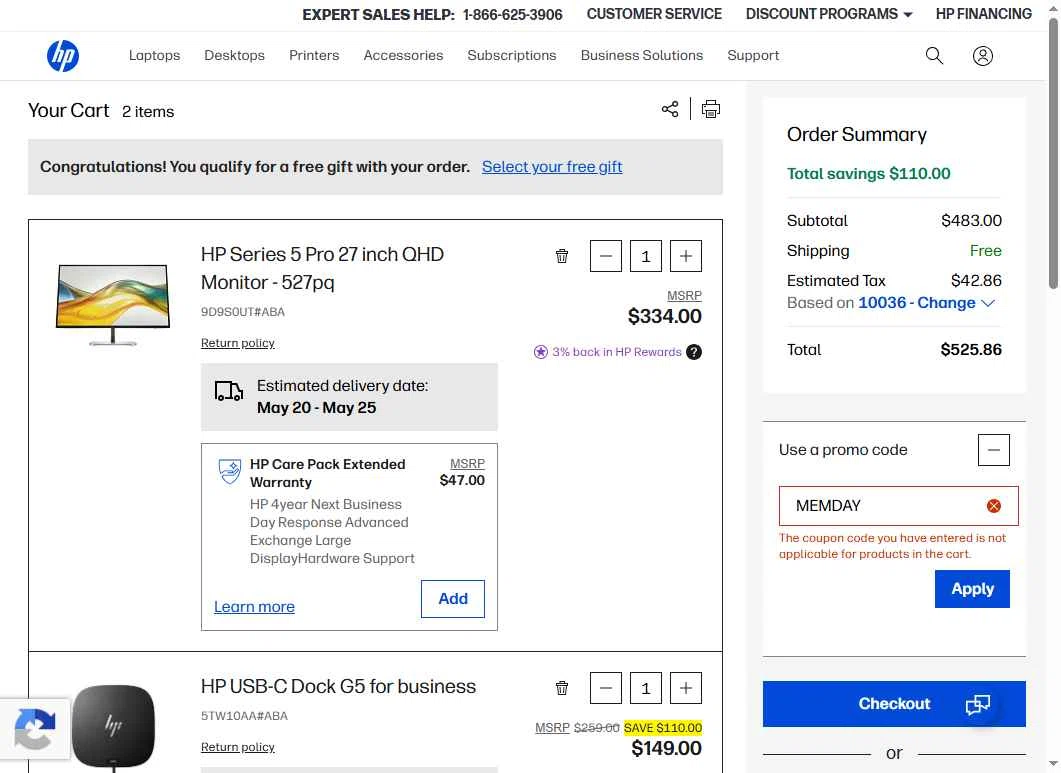 Verification screenshot for $65 Off Select Bpc Commercial Notebooks and Desktops at HP — 17d ago
