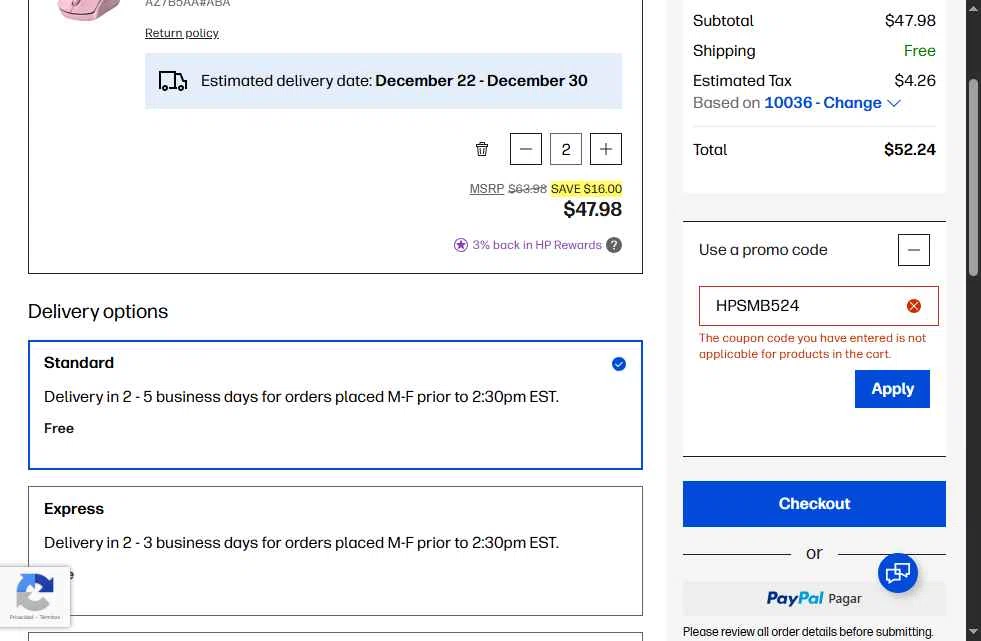 HP checkout page showing HP promo code box | Screenshot taken by SimplyCodes community member on Dec 18, 2025