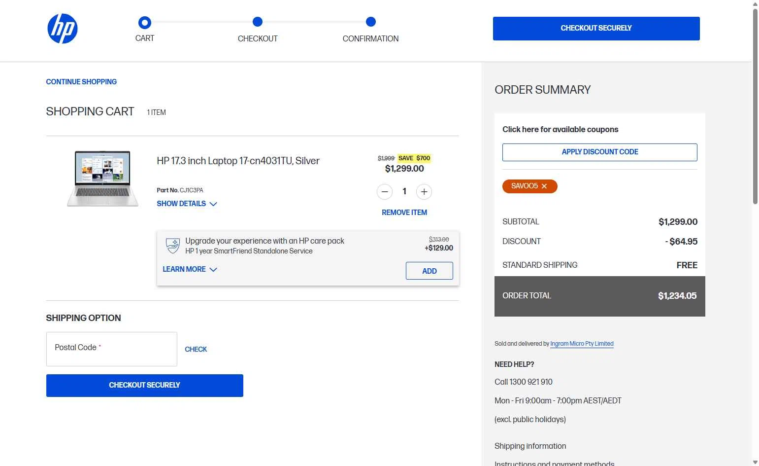 HP checkout page showing HP promo code box | Screenshot taken by SimplyCodes community member on Jan 6, 2026