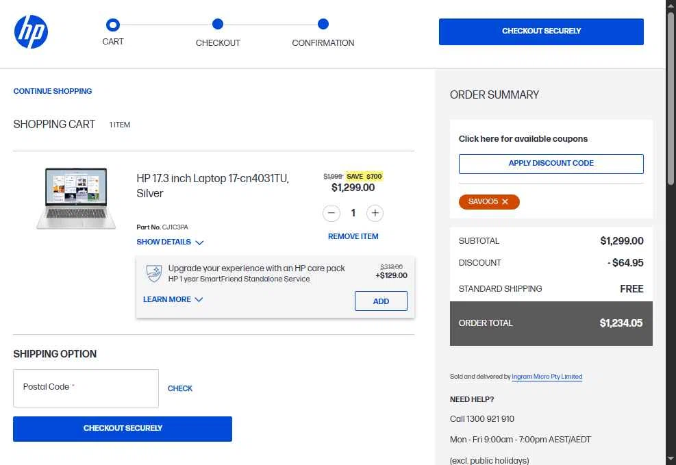 HP checkout page showing HP promo code box | Screenshot taken by SimplyCodes community member on Jan 14, 2026