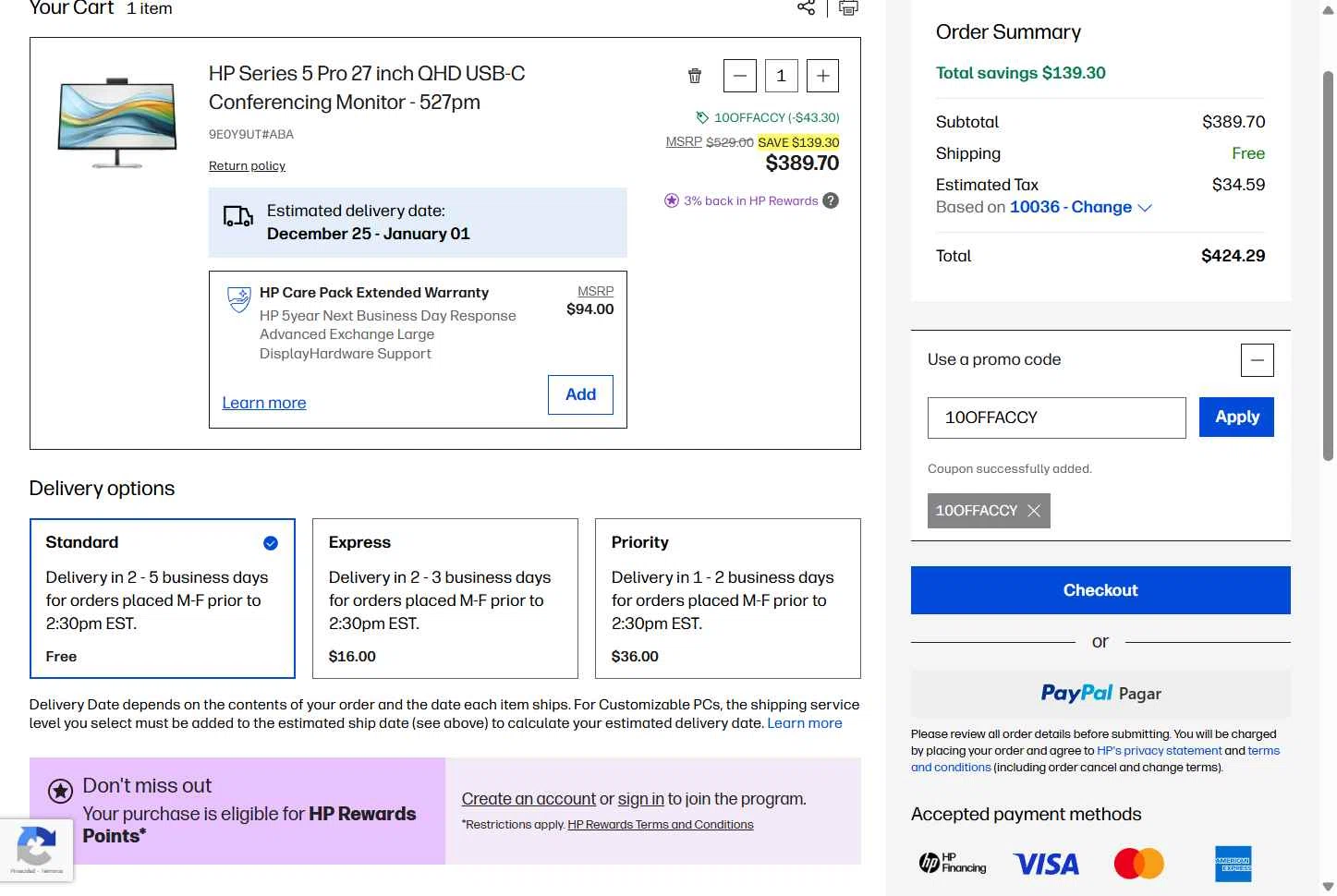 HP checkout page showing HP promo code box | Screenshot taken by SimplyCodes community member on Dec 22, 2025