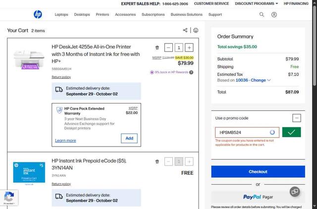 HP checkout page showing HP promo code box | Screenshot taken by SimplyCodes community member on Sep 24, 2025