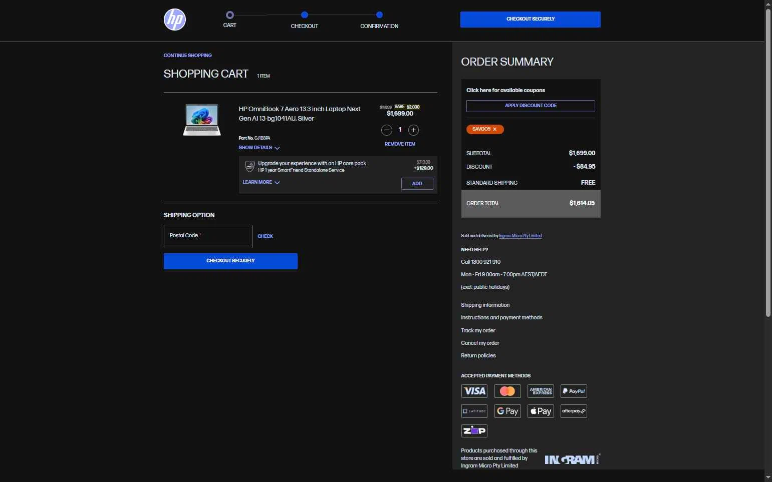 HP checkout page showing HP promo code box | Screenshot taken by SimplyCodes community member on Jan 31, 2026