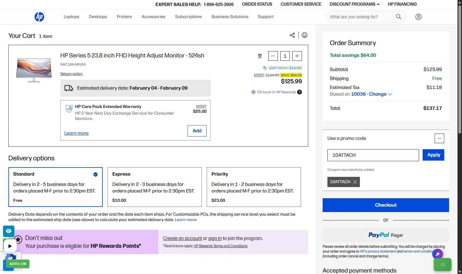 HP checkout page showing HP promo code box | Screenshot taken by SimplyCodes community member on Feb 2, 2026
