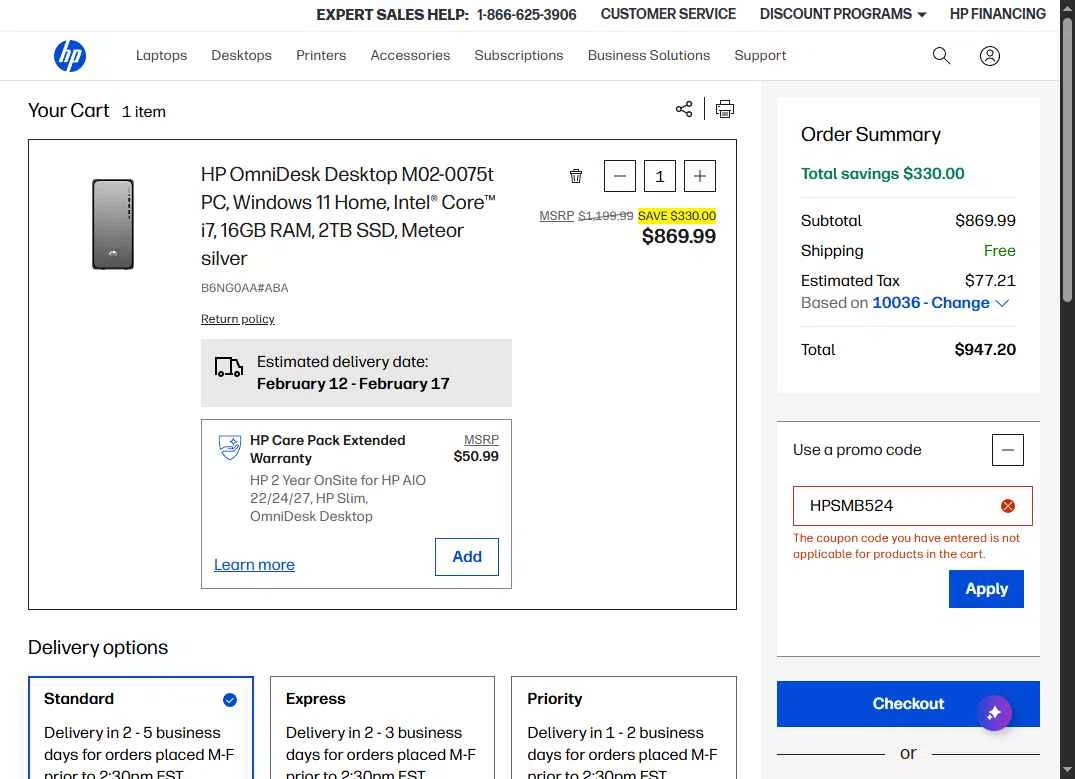 HP checkout page showing HP promo code box | Screenshot taken by SimplyCodes community member on Feb 10, 2026
