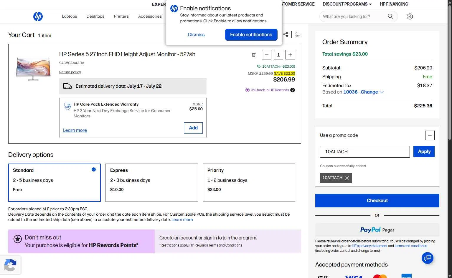 Verification screenshot for 10% Off Select Monitors at HP - 16h ago