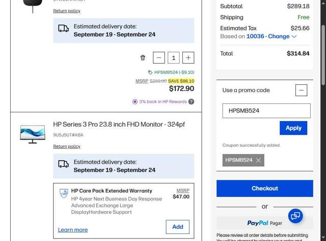 HP checkout page showing HP promo code box | Screenshot taken by SimplyCodes community member on Sep 16, 2025