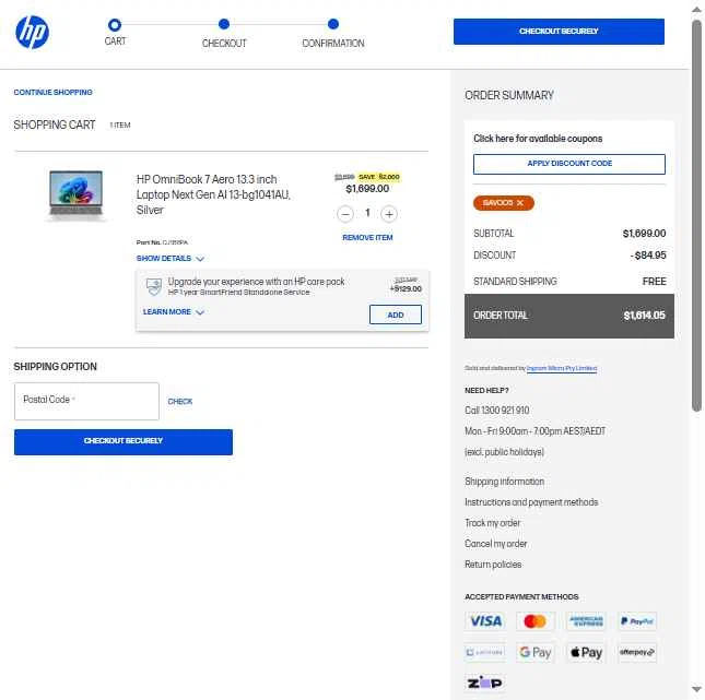 HP checkout page showing HP promo code box | Screenshot taken by SimplyCodes community member on Jan 31, 2026