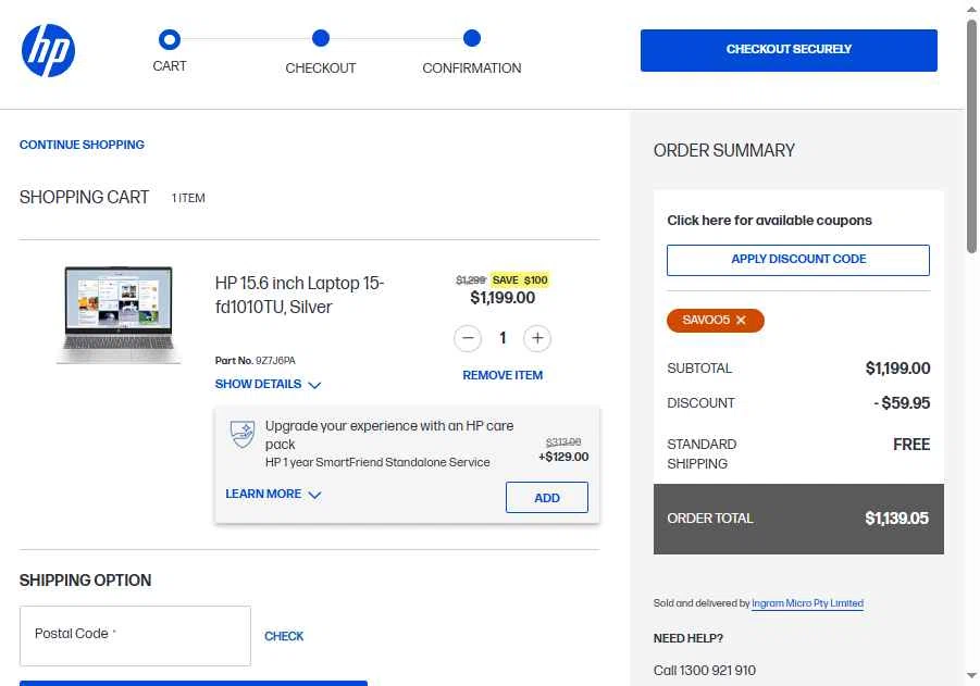 HP checkout page showing HP promo code box | Screenshot taken by SimplyCodes community member on Feb 5, 2026