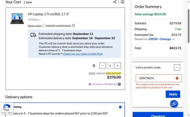 HP checkout page showing HP promo code box | Screenshot taken by SimplyCodes community member on Aug 28, 2025