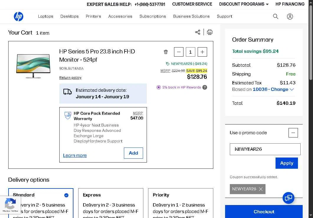 HP checkout page showing HP promo code box | Screenshot taken by SimplyCodes community member on Jan 12, 2026