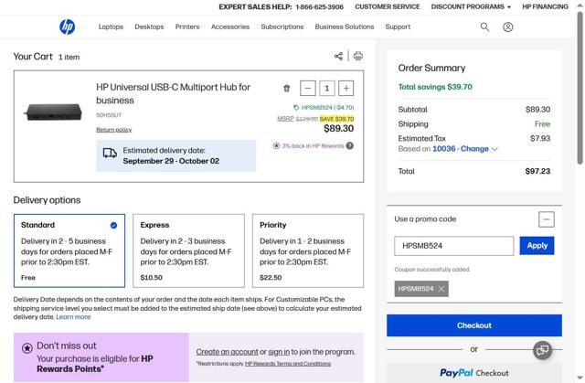 HP checkout page showing HP promo code box | Screenshot taken by SimplyCodes community member on Sep 24, 2025