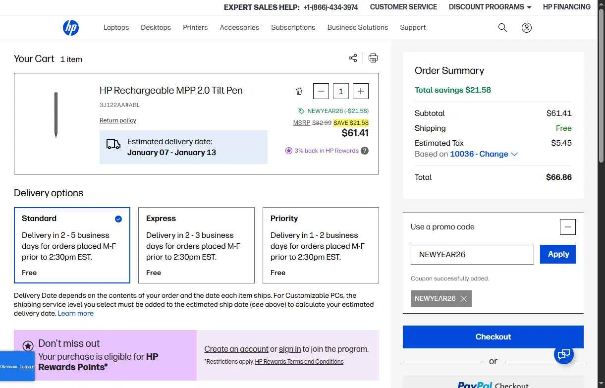 HP checkout page showing HP promo code box | Screenshot taken by SimplyCodes community member on Jan 4, 2026