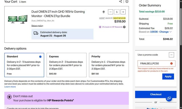 HP checkout page showing HP promo code box | Screenshot taken by SimplyCodes community member on Aug 18, 2025