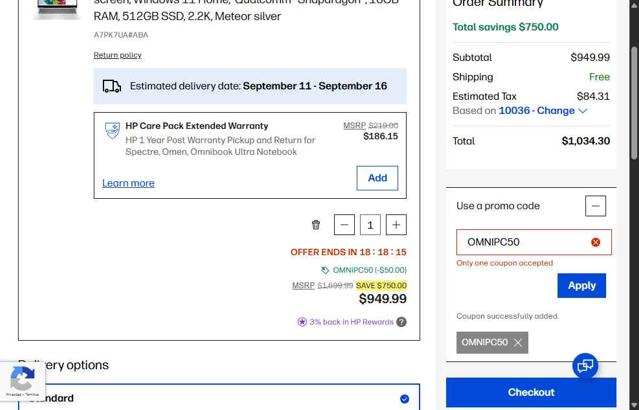 HP checkout page showing HP promo code box | Screenshot taken by SimplyCodes community member on Sep 5, 2025