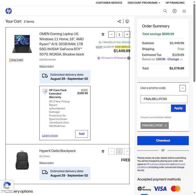HP checkout page showing HP promo code box | Screenshot taken by SimplyCodes community member on Aug 22, 2025