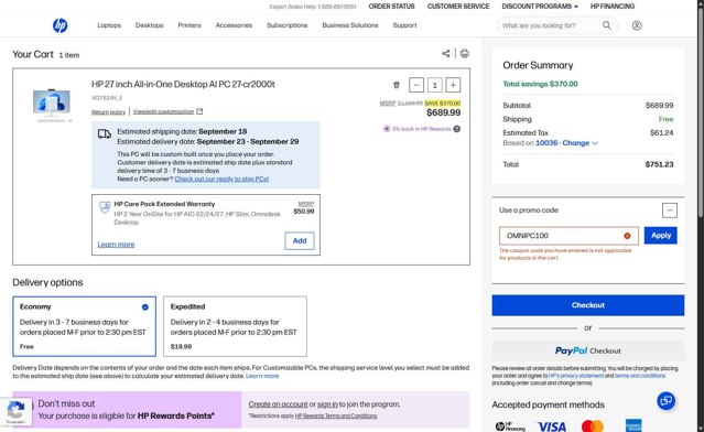 HP checkout page showing HP promo code box | Screenshot taken by SimplyCodes community member on Sep 4, 2025