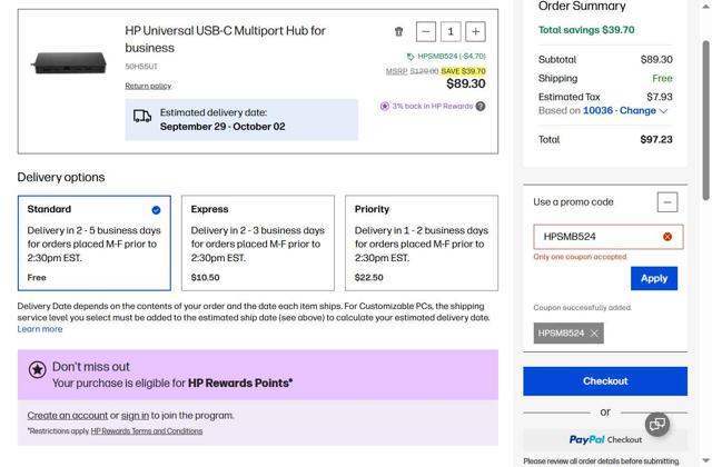 HP checkout page showing HP promo code box | Screenshot taken by SimplyCodes community member on Sep 24, 2025