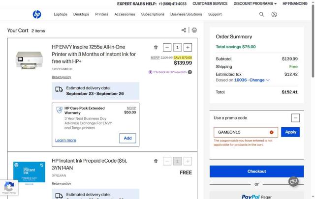 HP checkout page showing HP promo code box | Screenshot taken by SimplyCodes community member on Sep 18, 2025