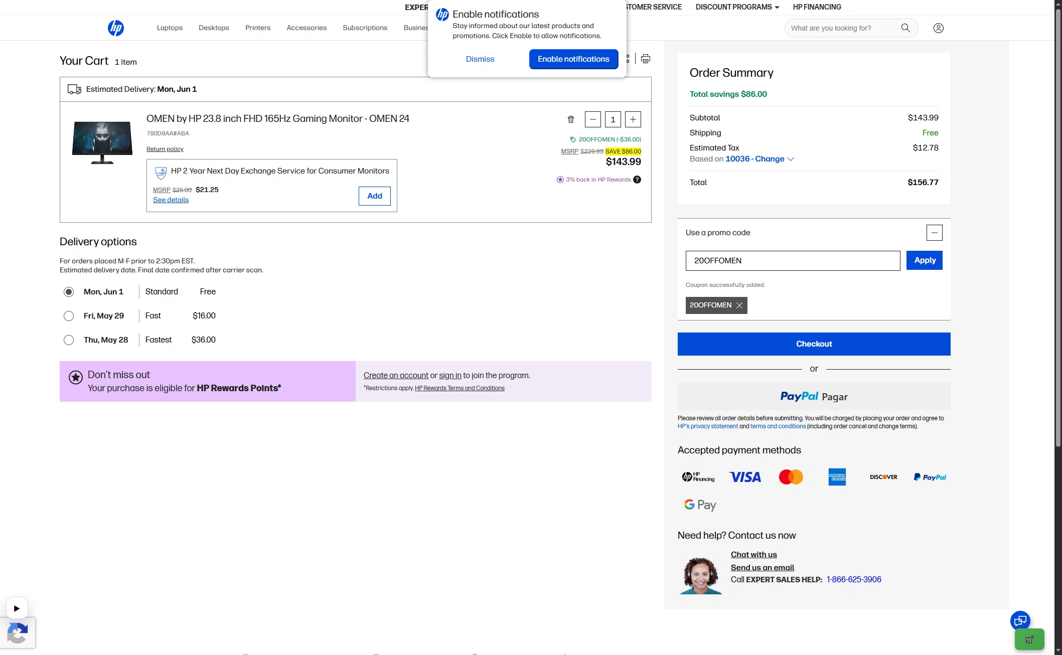 Verification screenshot for 20% Off Men by Hp 238 Inch Fhd 165hz Gaming Monitor Omen 24 at HP — 8d ago