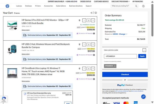 HP checkout page showing HP promo code box | Screenshot taken by SimplyCodes community member on Aug 28, 2025
