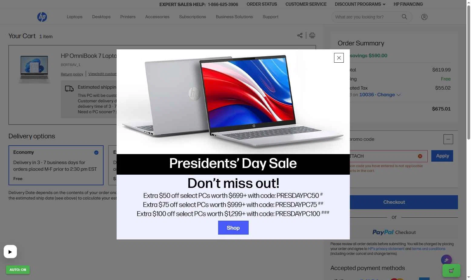 HP checkout page showing HP promo code box | Screenshot taken by SimplyCodes community member on Feb 8, 2026