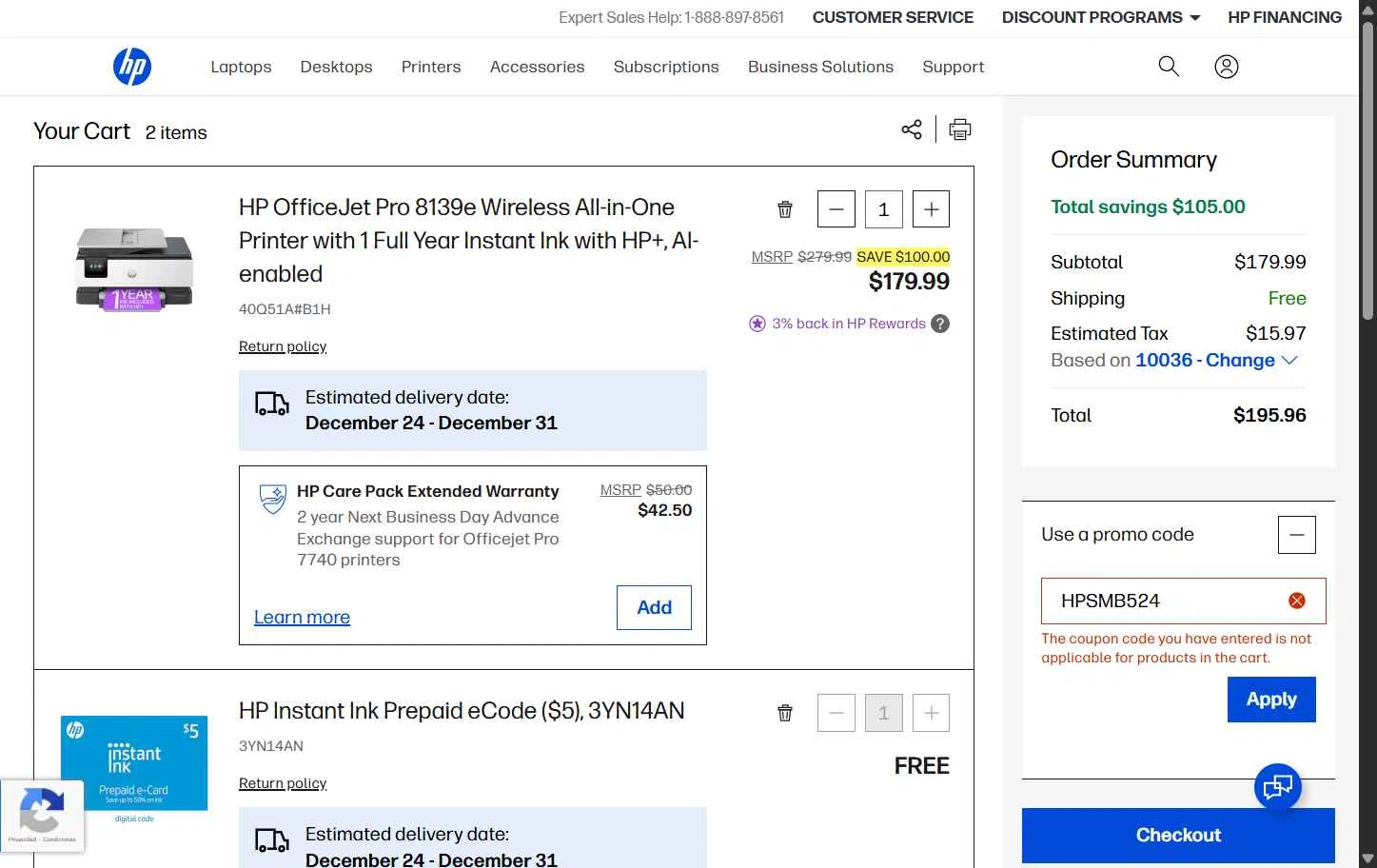 HP All-In Plan checkout page showing HP All-In Plan promo code box | Screenshot taken by SimplyCodes community member on Dec 19, 2025