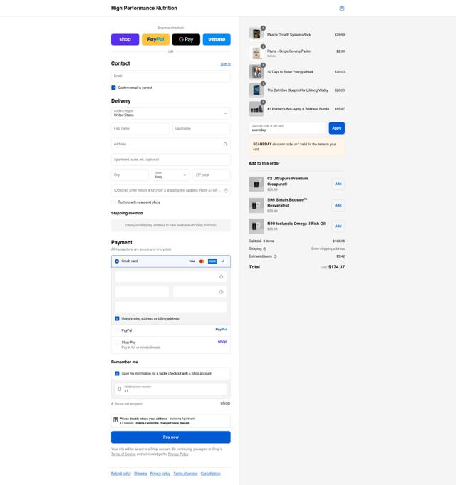 High Performance Nutrition checkout page showing High Performance Nutrition discount code box | Screenshot taken by SimplyCodes community member on Sep 12, 2025