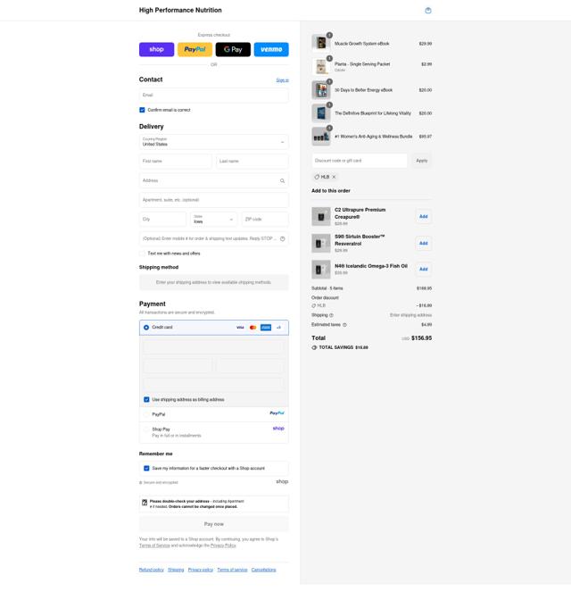High Performance Nutrition checkout page showing High Performance Nutrition discount code box | Screenshot taken by SimplyCodes community member on Sep 12, 2025