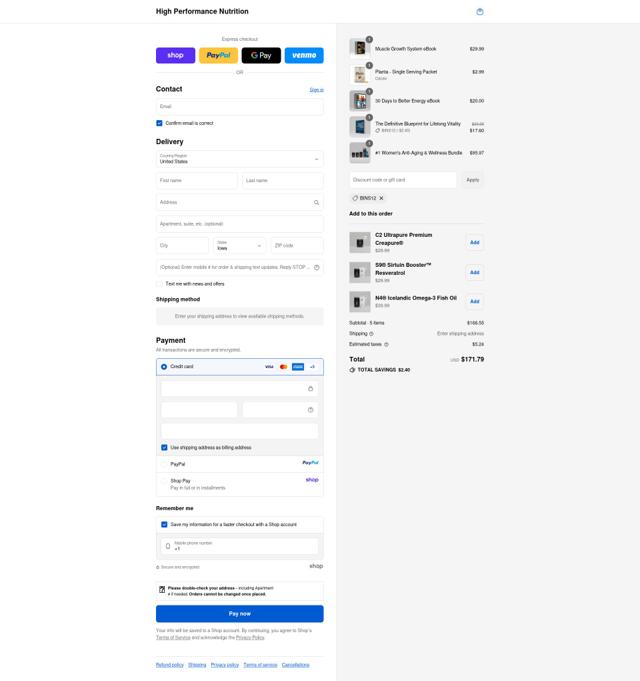 High Performance Nutrition checkout page showing High Performance Nutrition discount code box | Screenshot taken by SimplyCodes community member on Sep 12, 2025