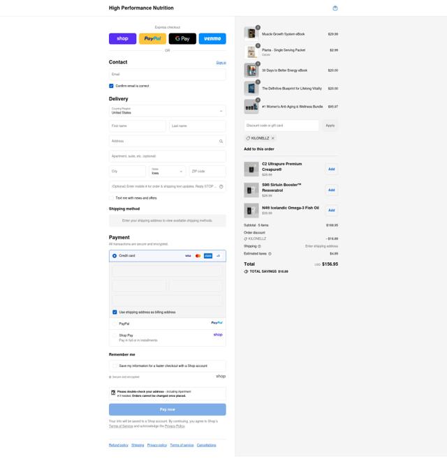 High Performance Nutrition checkout page showing High Performance Nutrition discount code box | Screenshot taken by SimplyCodes community member on Sep 12, 2025