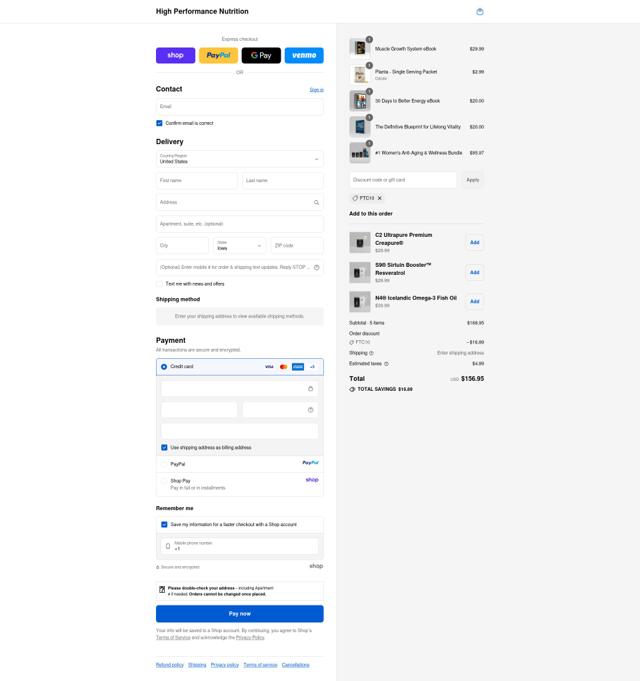 High Performance Nutrition checkout page showing High Performance Nutrition discount code box | Screenshot taken by SimplyCodes community member on Sep 12, 2025