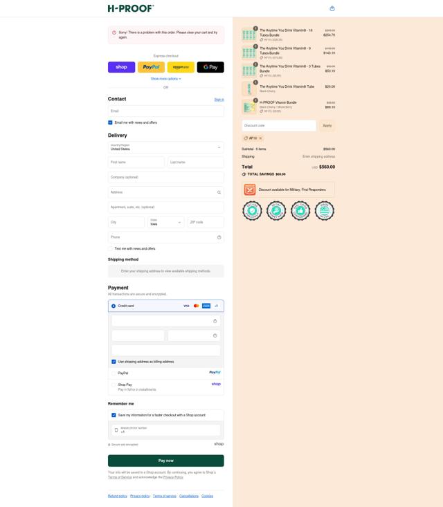 H-Proof checkout page showing H-Proof promo code box | Screenshot taken by SimplyCodes community member on Sep 11, 2025