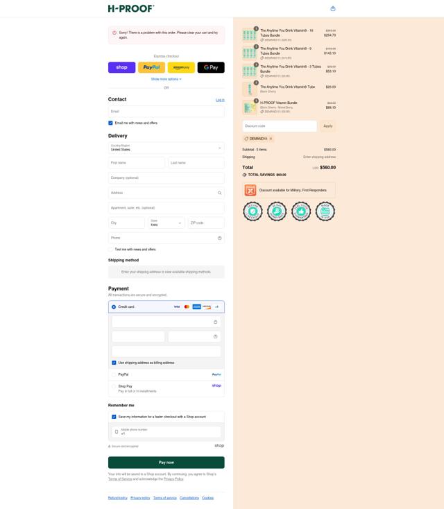 H-Proof checkout page showing H-Proof promo code box | Screenshot taken by SimplyCodes community member on Sep 7, 2025