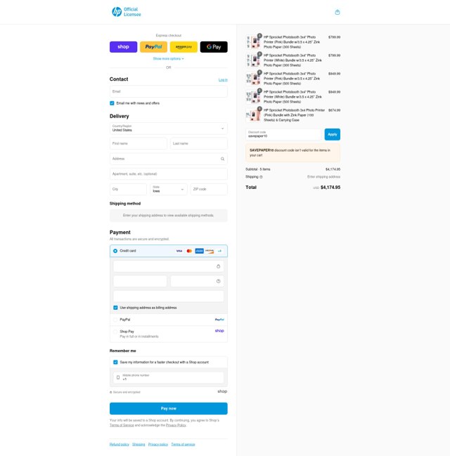 HP Sprocket checkout page showing HP Sprocket promo code box | Screenshot taken by SimplyCodes community member on Sep 3, 2025